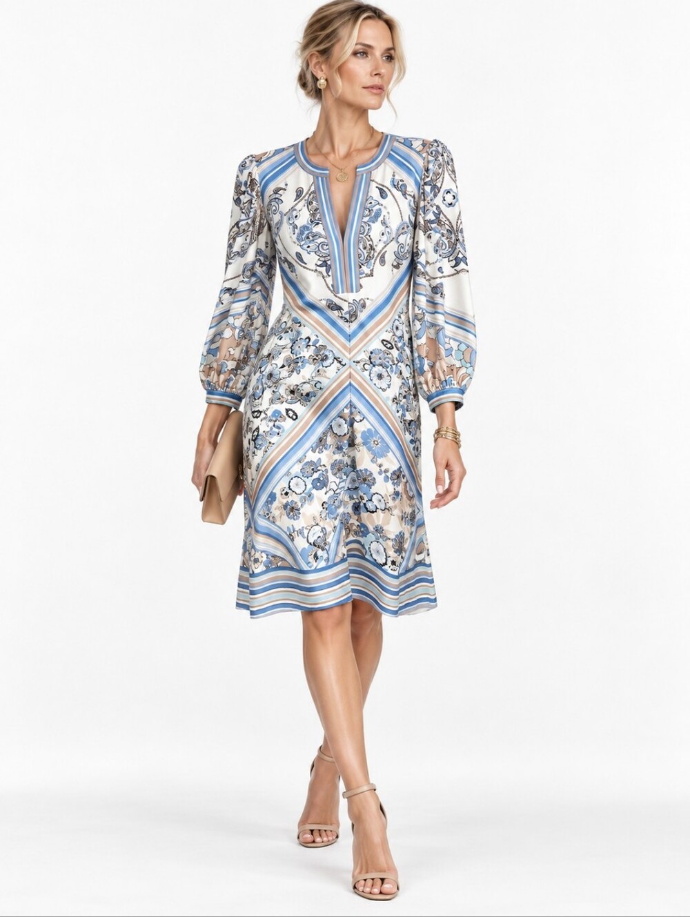 Bob Hale Dress Ivory Blue Long Sleeve Midi  NWT
